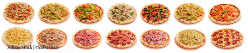 Set of pizza isolated, side view. Pizza photo for for menu card, web design, site, shop, advertising or delivery fast food.