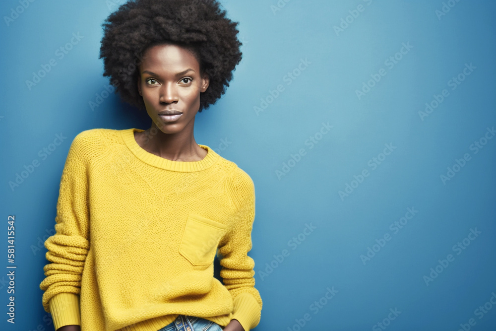 Portrait of beautiful African American woman standing, afro hair, looking at camera on blue background.AI Generative Portrait of beautiful African American woman standing, afro hair, looking at camera on blue background.AI Generative