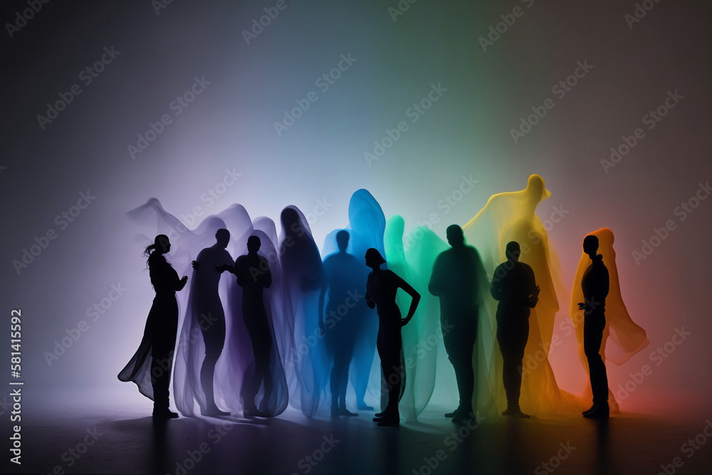Abstract illustration of group of people blurred on colored smoke. AI Generative Abstract illustration of group of people blurred on colored smoke. AI Generative