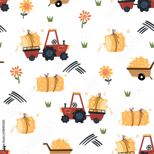 Tractor with hay seamless pattern. Farm and agriculture. Cartoon childish tractor, machine, hay for wrapping paper, fabric, textile, wallpaper, home decor. Flat vector illustration