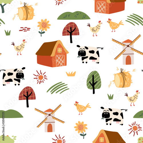 Tractor with hay seamless pattern. Background with cute tractor, farm house, tree and haystack. Creative kids texture for fabric, wrapping, textile, wallpaper, apparel. Vector cartoon illustration