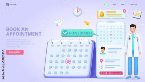 Book an appointment online, visit hospital, schedule meeting with doctor on the calendar selecting the date. 3d design for landing page. Three dimensional vector illustration with tiny characters.