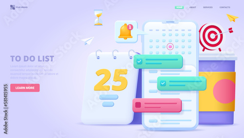 Schedule management, list of tasks online, to do reminder app, checklist, calendar application. 3d design concept for landing page. Three dimensional vector illustration.