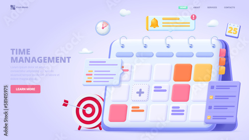 Schedule management, list of tasks online, time planning, checklist, calendar application. 3d design concept for landing page. Three dimensional vector illustration.