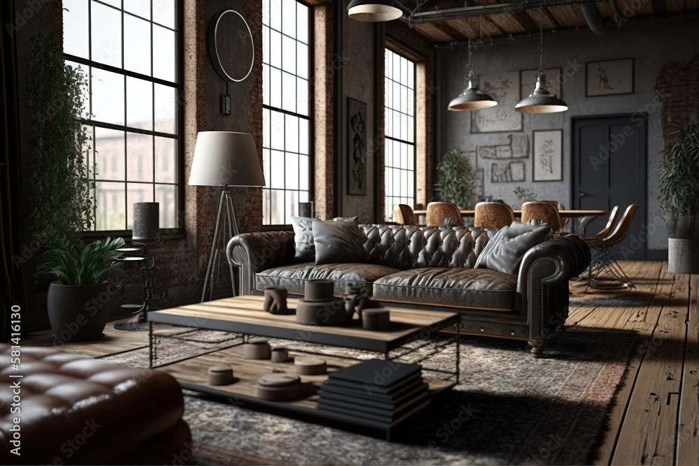 Living room interior in loft, industrial style. Generative AI