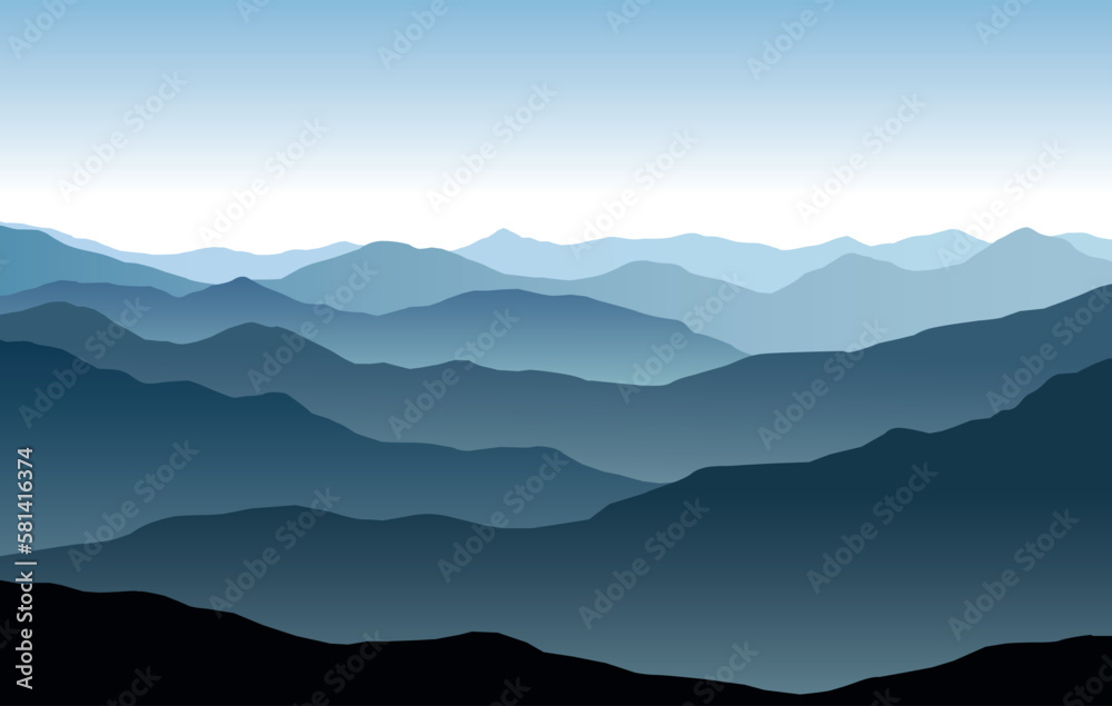 Vector panoramic landscape with blue misty silhouettes of mountains and clear sky