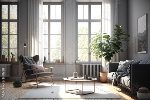 Low angle view of a scandinavian, sunlit living room interior with a gray armchair, sofa, and a big window Real photo. Generative AI