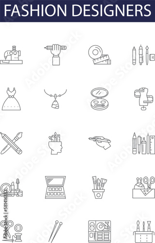Fashion designers line vector icons and signs. Fashion, Clothing, Styling, Couture, Haute, Runway, Trends, Luxury outline vector illustration set