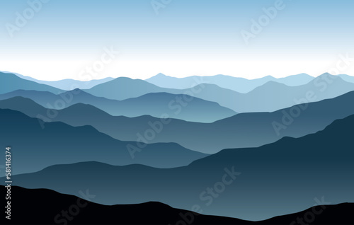 Vector panoramic landscape with blue misty silhouettes of mountains and clear sky