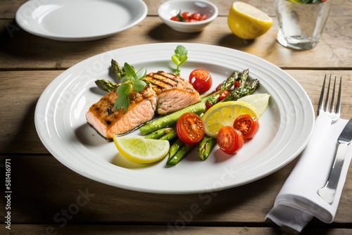 grilled salmon with lime, asparagus and cherry tomatoes on white plate. Generative AI