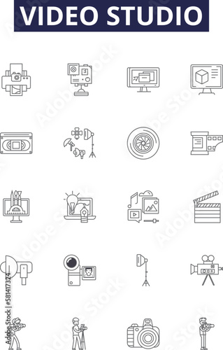 Video studio line vector icons and signs. Video, Editing, Filming, Production, Recording, Cameras, Lighting, Green-Screen outline vector illustration set