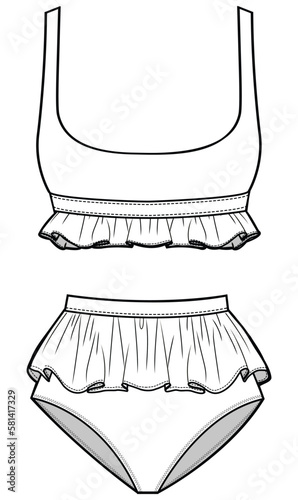 womens high waist scoop neck ruffle bikini set flat sketch vector illustration technical cad drawing template