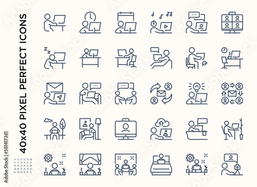 Simple set of Freelance and Work at home. Contains such Icons as Remote work, Colleague, Work at park. Editable stroke