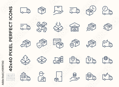Simple set of Delivery service icon set. Contains such Icons as Warehouse, Storage and box or parcel package outline, Express Shipping, Supply. Editable stroke