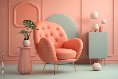 Modern mid century and minimalist interior of living room  Living coral decor concept  vintage pink armchair with coral wall on white floor. Generative AI