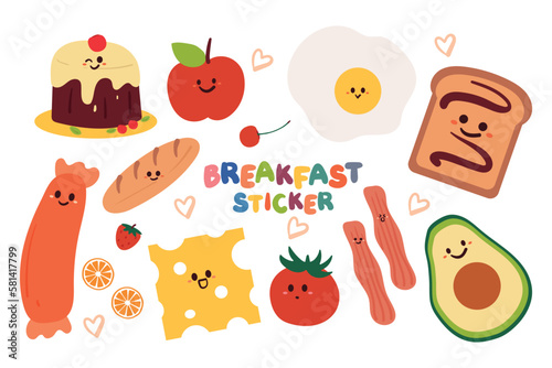 hand drawing cartoon set of breakfast sticker set