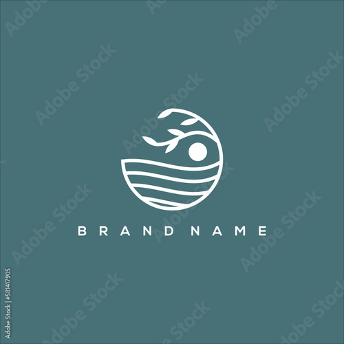 Water art line icon logo with circle leaf and sun
