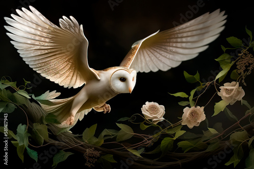 White owl flying created with Generative AI technology © Edi