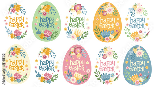 Happy Easter floral eggs and flower arrangement collection, colorful eggs with lettering and botanical elements for Easter celebration decor, pastel color illustration set