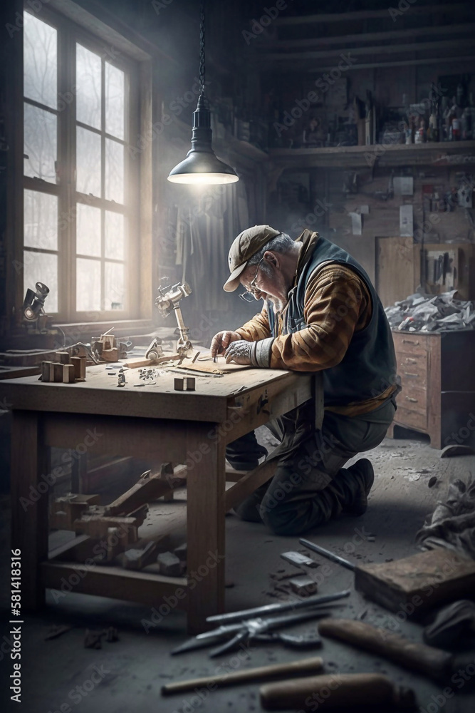 Carpentry worker doing a planing in his workshop - AI generative