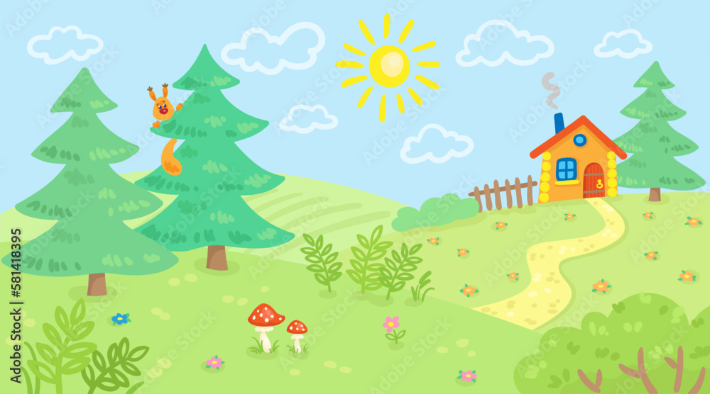 Summer landscape. Forest meadow with green trees, bushes, grass, flowers, road and small house. In cartoon style. Vector flat illustration.