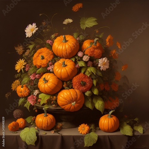 pumpkins and leaves created with Generative AI technology