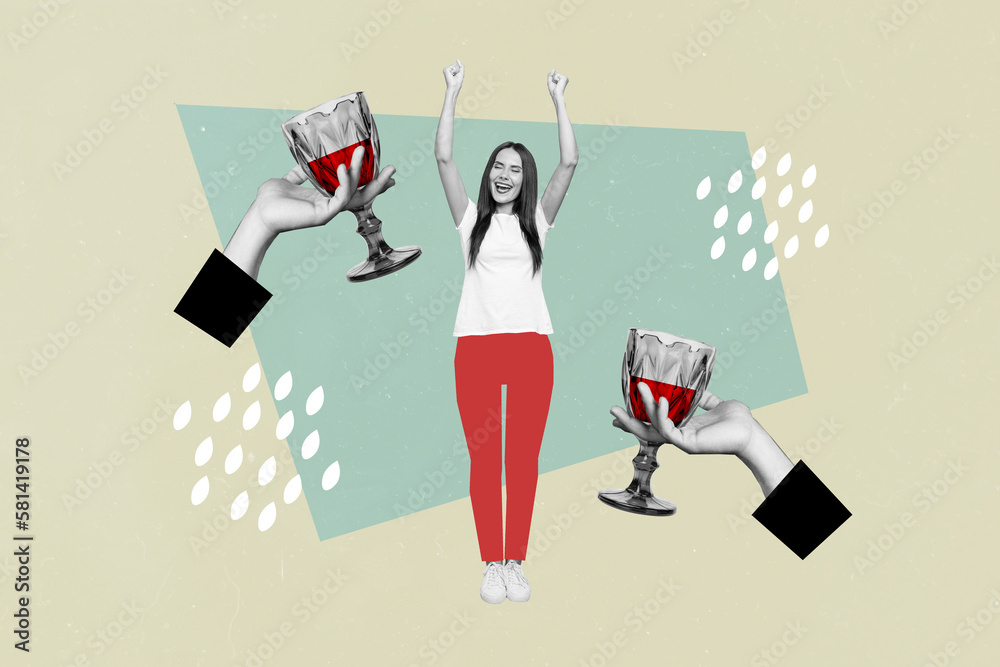 Collage image picture sketch poster of overjoyed girl victory friday mood weekend cheers clink tasty wine isolated on drawing background - obrazy, fototapety, plakaty 