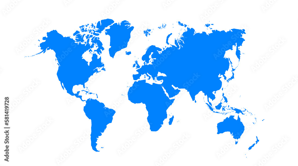 World map blue color. World map template with continents, North and South America, Europe and Asia, Africa and Australia
