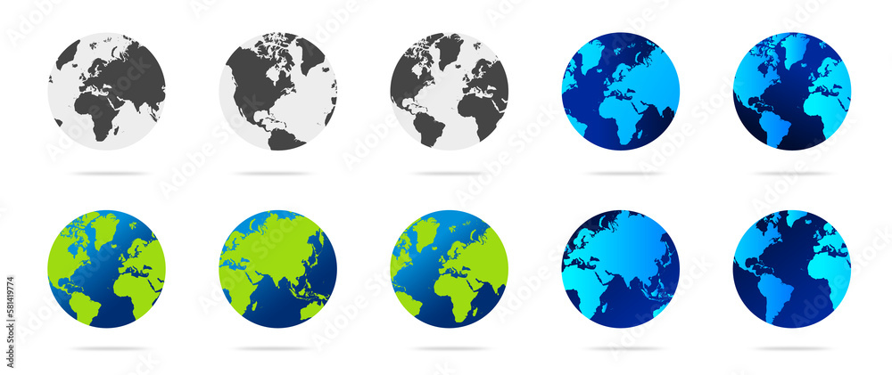 Earth globe set with green, blue and dark color illustration. world globe bundle. World map in globe shape. Earth globes Flat style. Earth globe set with green, blue and dark color illustration. world globe bundle. World map in globe shape. Earth globes Flat style.