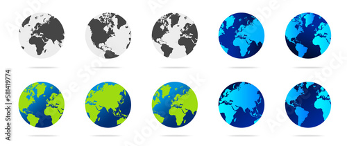 Earth globe set with green, blue and dark color illustration. world globe bundle. World map in globe shape. Earth globes Flat style.