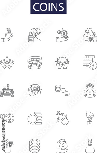 Coins line vector icons and signs. Money, Currency, Metal, Change, Pennies, Gild, Acquire, Store outline vector illustration set