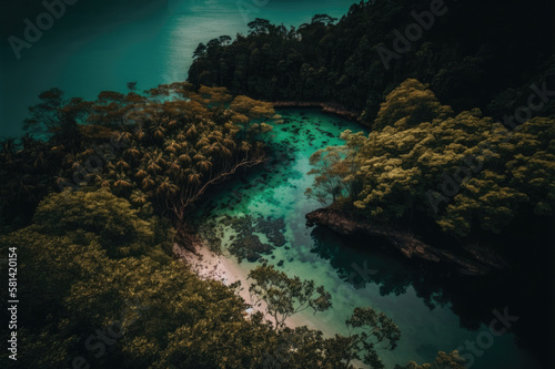 Aerial view of tropical coast with trees. Generative AI