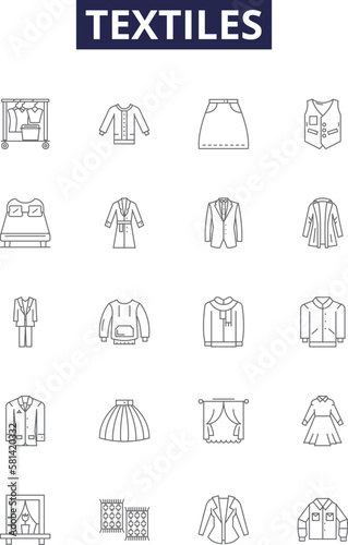 Textiles line vector icons and signs. Cloth, Garment, Linen, Woollen, Yarn, Cotton, Thread, Weave outline vector illustration set