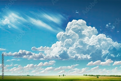 blue sky and white clouds. Freshness of the new day. Bright blue background. Relaxing feeling like being in the sky. Green fields and clear skies.Landscape image of blue sky and thin clouds