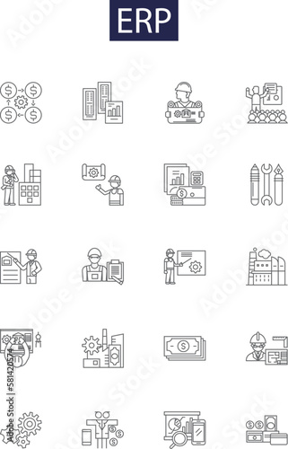 Erp line vector icons and signs. Resource, Planning, Module, System, Software, Manufacturing, Automation, CRM outline vector illustration set
