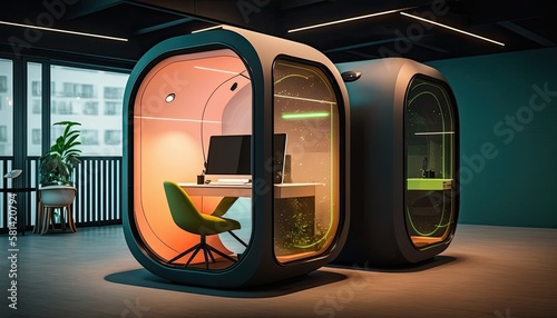 Futuristic empty office pod capsule room for concentrate work in silence, online negotiation in futuristic self contained room in open space office, focus task work with issues, generative AI photo