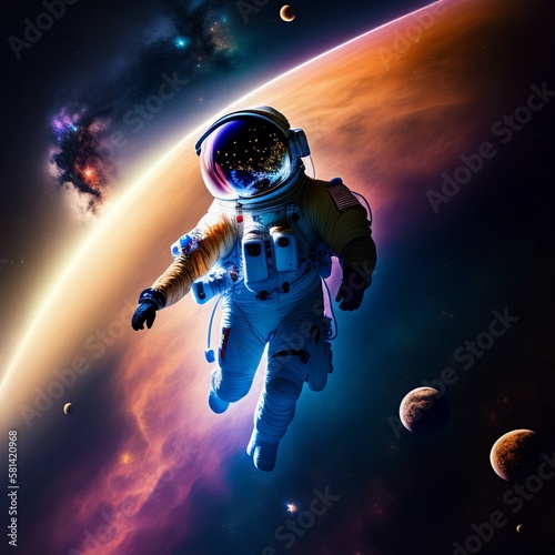 astronaut in a spacesuit in outer space against the background of the planets and the starry sky