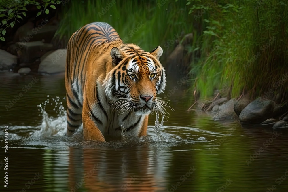 An amur tiger wading through a river. Animal that is dangerous in Tajga, Russia. Animal in a stream in a verdant forest. Generative AI An amur tiger wading through a river. Animal that is dangerous in Tajga, Russia. Animal in a stream in a verdant forest. Generative AI