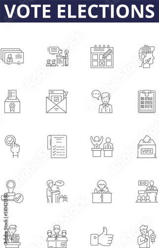 Vote elections line vector icons and signs. Elections, Ballots, Polls, Campaigns, Candidates, Constituents, Legitimacy, Counting outline vector illustration set