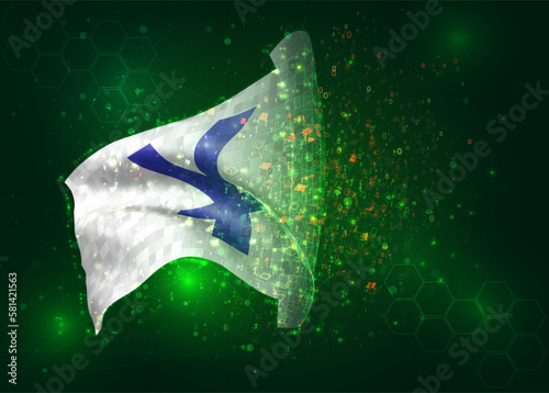 Yen, on vector 3d flag on green background with polygons and data numbers
