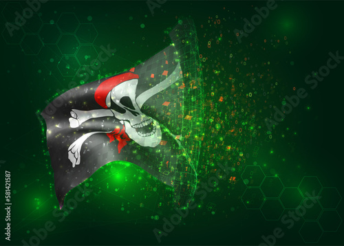 Pirate, on vector 3d flag on green background with polygons and data numbers