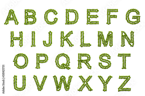 Alphabet built from fresh green apples  3D illustration