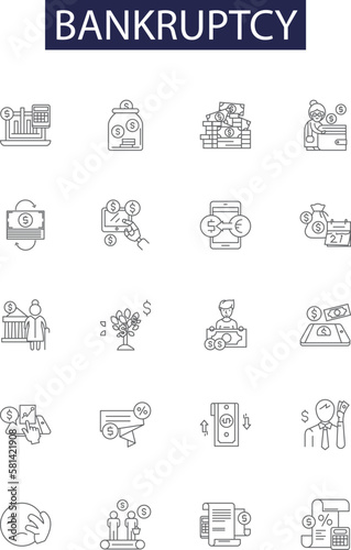 Bankruptcy line vector icons and signs. Debtor, Creditor, Liquidation, Deficiency, Repudiation, Reorganization, Discharge, Bankrupt outline vector illustration set