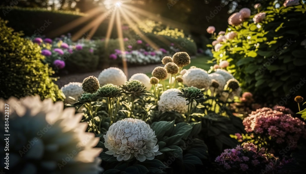 flower garden with light sun. Generative AI