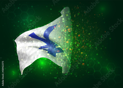 Yen, on vector 3d flag on green background with polygons and data numbers