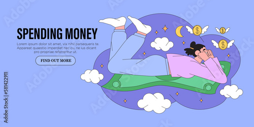 Woman sleep and see dreams about her being rich and wealthy and earn a lot of money. Budget planning, money managment and savings tips concept for web banner, mobile app, advertisement or article.