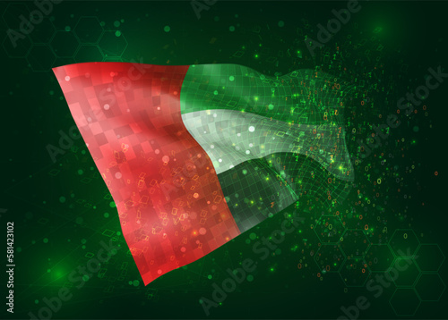 United Arab Emirates  on vector 3d flag on green background with polygons and data numbers