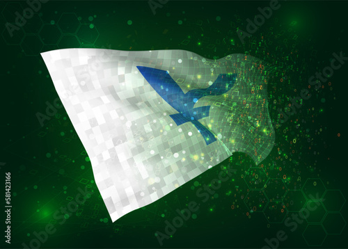 Yen, on vector 3d flag on green background with polygons and data numbers