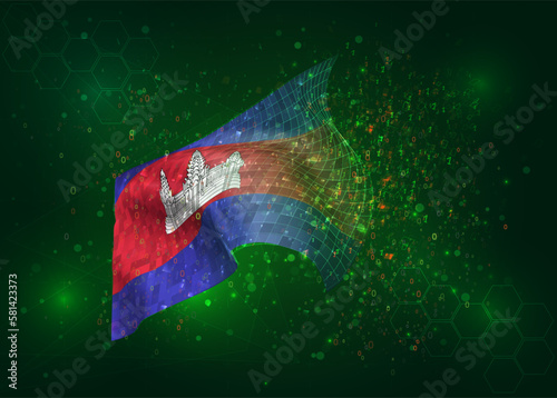 Cambodia  on vector 3d flag on green background with polygons and data numbers