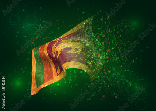 Sri Lanka, on vector 3d flag on green background with polygons and data numbers